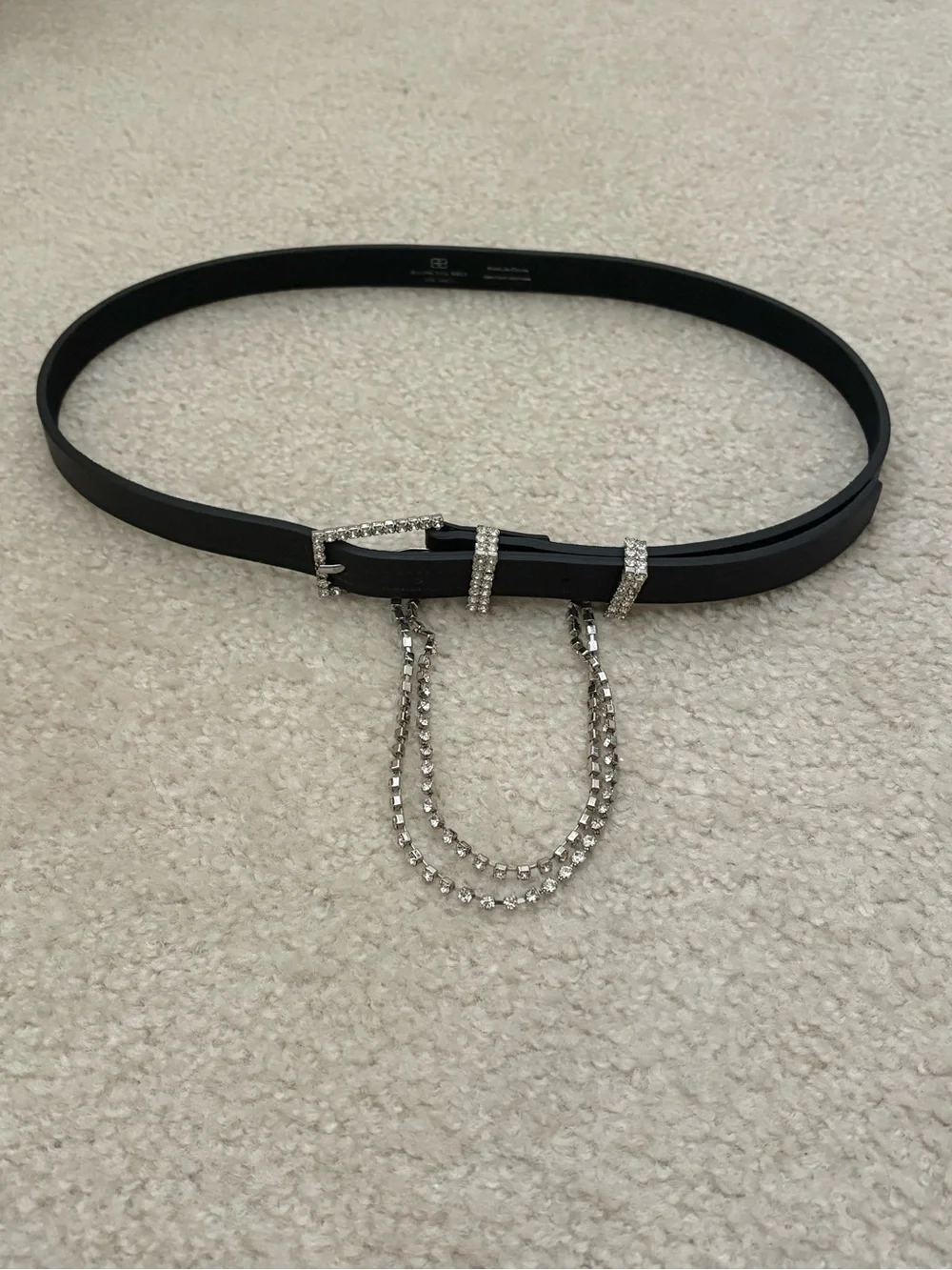 B-Low the Belt Black Leather Belt with Rhinestone Buckle and Crystal Tassel
